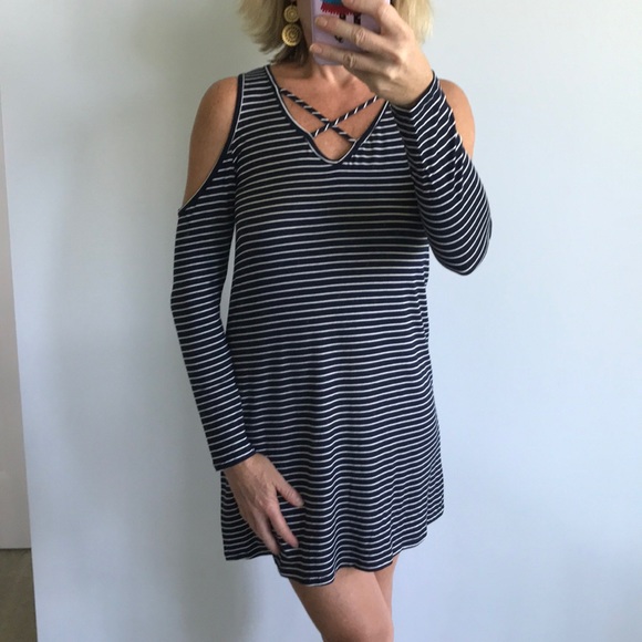 Navy & White Striped Cold Shoulder Dress - Picture 2 of 7